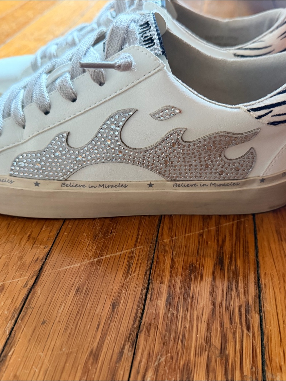 Urban Outfitters White Sneakers with Silver Rhinestone Flame Detail